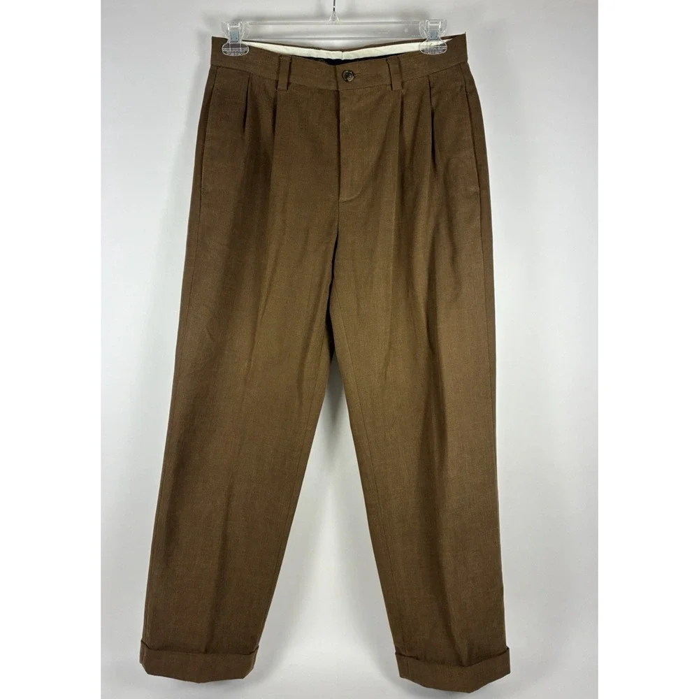 Brooks Brothers Elliot Brown Pleated Cuffed 100% Cotton Trousers 32x30 (31x29)